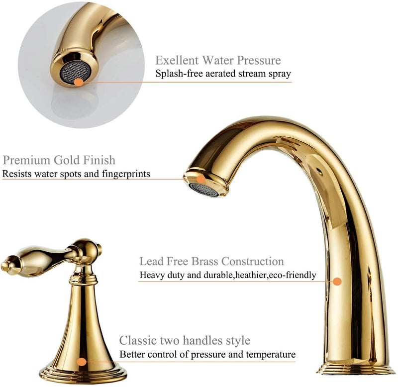 Beelee Gold Solid Brass Widespread Bathroom Faucet 3 Hole Two Handle Deck Mounted Faucet High Arc Lavatory Sink Taps with Ceramic Valve and 2 Hoses, Without Drain - Image 5